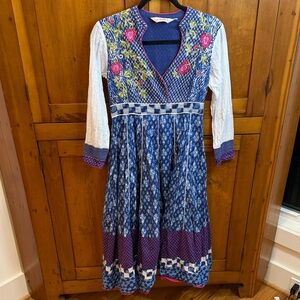 Biba Tiered Long Sleeve Maxi Dress with Floral Accents (Bohemian/Ethnic)